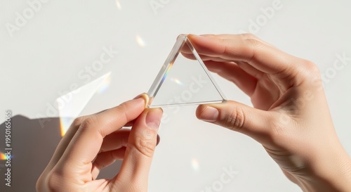 Hands holding small glass prism.