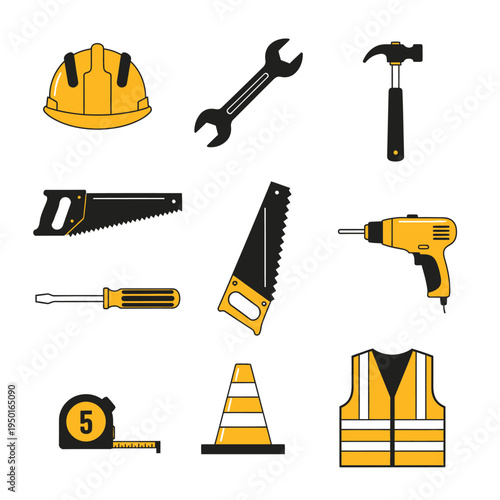 Construction Tools and Safety Gear Set: Hard Hat, Wrench, Hammer, Saw, Drill, Tape Measure
