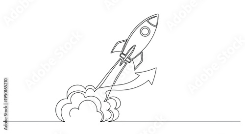 Rocket launching upward with arrow in single line with dynamic graphi
