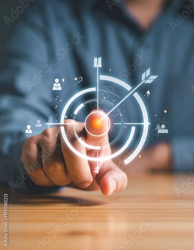 Businessman pointing at virtual target board with arrow, business goals and strategic planning concept.