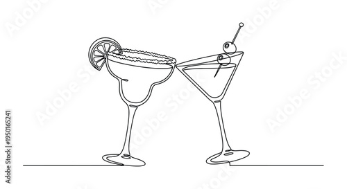 Two cocktails toasting in single line art style with perfect for cele