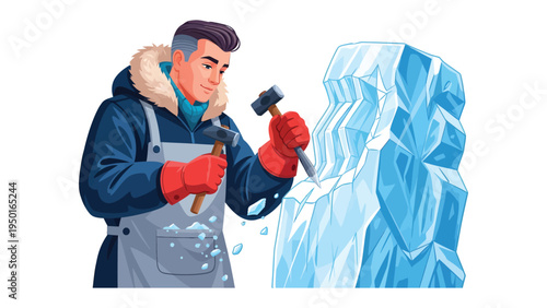Artisan's Ice Sculpture: An artisan meticulously carves an ice sculpture with focused precision, revealing a work of art.