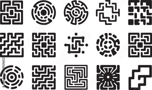 Set of geometric vector QR code icons featuring black round floral patterns and seamless tribal ornament design elements