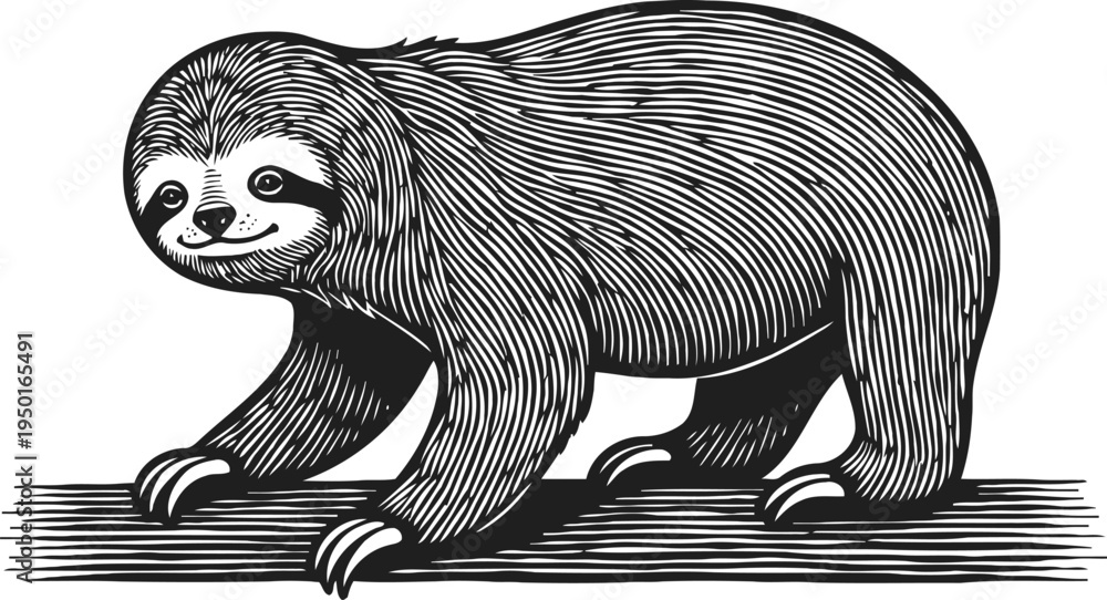 Fototapeta premium Detailed black and white sloth illustration hand drawn animal drawing with textured fur and claws