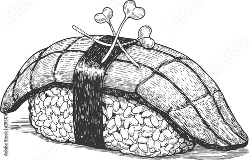 Hand drawn sushi nigiri with rice, seaweed, and fish slice in vintage engraving