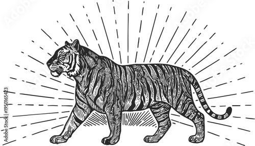 majestic tiger illustration with sunburst background vintage big cat, wildlife, strength and power symbol