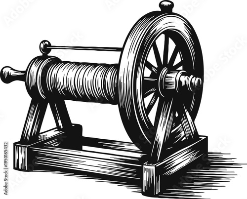 Vintage wooden spinning wheel for textile yarn production in black and white sketch