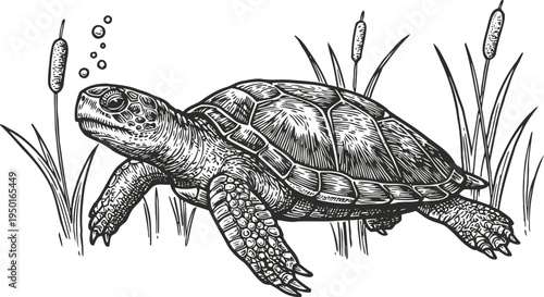 Detailed black and white illustration of a turtle swimming underwater with aquatic plants and bubbles