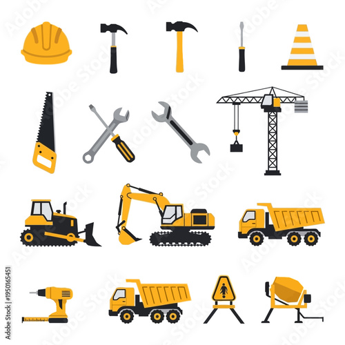 Construction tools and heavy machinery collection, industrial equipment icons