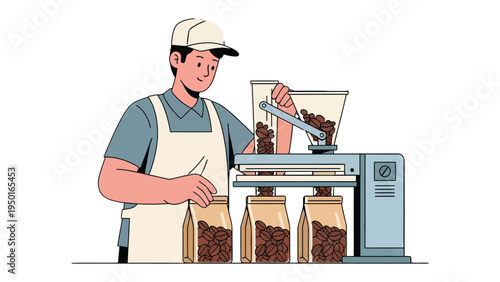 Coffee Bean Packaging: An illustration showing an artisan carefully packing freshly roasted coffee beans into branded bags at a cafe, emphasizing the freshness and quality.