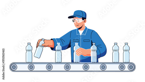Automated Bottling Line: A diligent factory worker inspects water bottles on a moving conveyor belt, ensuring quality control in a modern automated production environment.