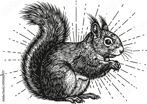 Intricate vintage squirrel illustration with detailed fur and radiant lines background