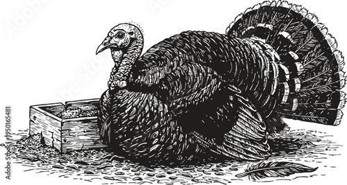 detailed black and white illustration of a wild turkey resting next to a wooden feeder box with scattered food