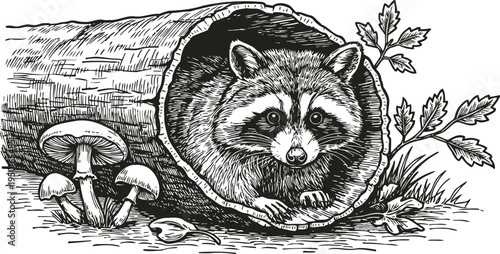 Raccoon peeking from hollow log with mushrooms and foliage detailed black and white illustration