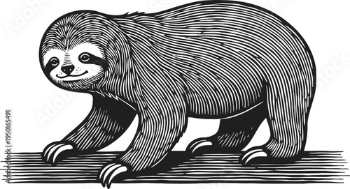 Detailed black and white sloth illustration hand drawn animal drawing with textured fur and claws