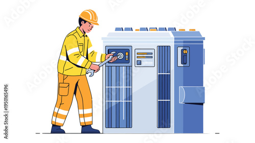 Technician Inspecting Equipment: A skilled technician, clad in safety attire, diligently inspects a large industrial unit, ensuring optimal performance and functionality.