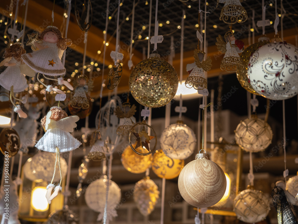 Obraz premium Christmas Angel Ornaments And Golden Glitter Baubles, Bolzano, Italy