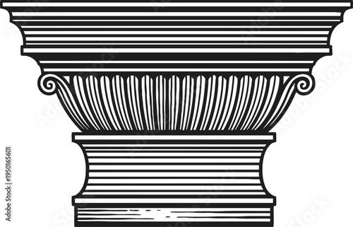Classical ionic column capital illustration with volutes and fluted decorative elements in black and white