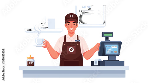Brewing Excellence: A barista stands ready to serve, a welcoming presence behind the counter of a cozy coffee shop. holding the perfect cup of coffee.