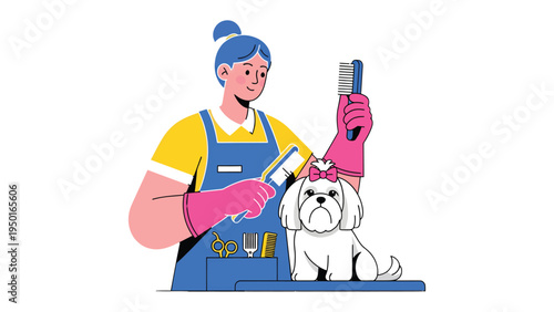 Dog Groomer at Work: A professional dog groomer meticulously cares for a small dog in a grooming salon, ensuring the pet receives a luxurious and pampering experience.