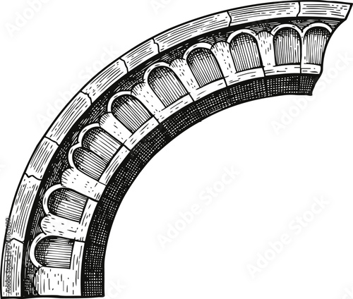 Ornate semicircular architectural arch element with carved details vintage engraving design