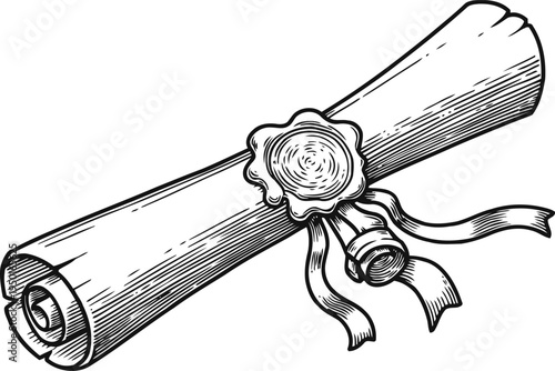 Vintage rolled parchment scroll sealed with wax and ribbon, old fashioned document illustration