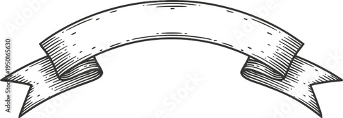 Vintage hand drawn ribbon banner with textured shading and curled ends in black and white design