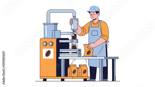 Coffee Packaging: An individual in a blue apron meticulously operates industrial machinery, packaging freshly roasted coffee beans.