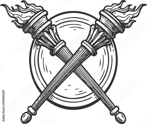 Crossed flaming torches with circular background vintage fire symbols, light and power concept
