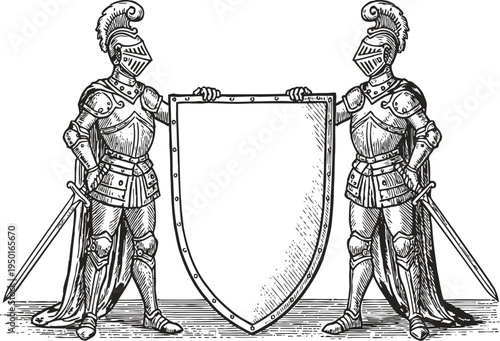 Medieval knights in armor holding a large blank shield vintage illustration of armored soldiers with swords and helmets