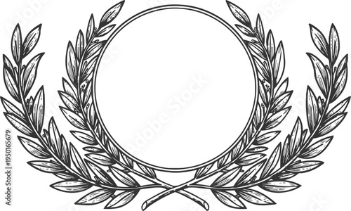 Decorative laurel wreath with circular frame, hand drawn vintage botanical design element