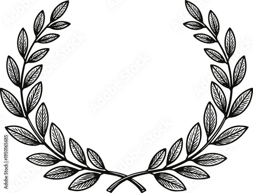 black laurel wreath with detailed leaves in a symmetrical circular design for victory and honor
