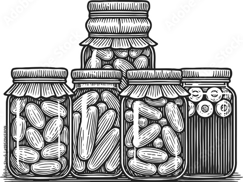 Five glass jars filled with assorted pickles and preserved vegetables, vintage engraved