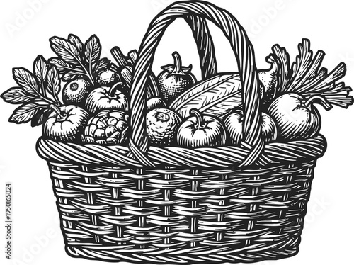 Basket full of fresh vegetables hand drawn illustration of healthy organic produce in woven wicker container