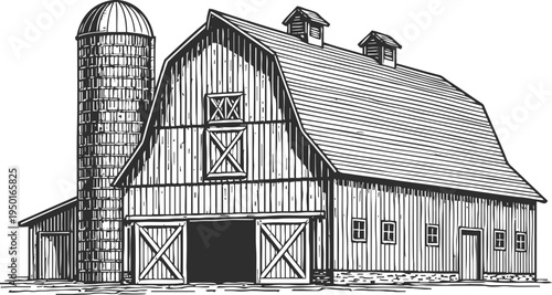 Classic wooden barn with silo rural agricultural farm building illustration in black and white line art