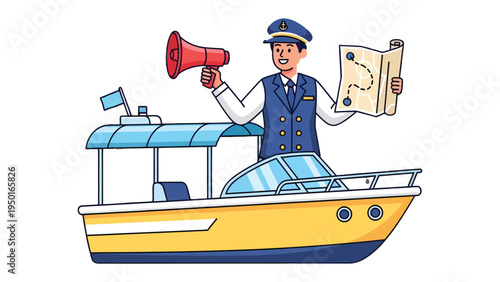 Harbor Tour Guide: A friendly tour guide stands at the helm of a leisure boat, offering a warm welcome and exciting route, complete with map and megaphone for a day of memorable sightseeing.