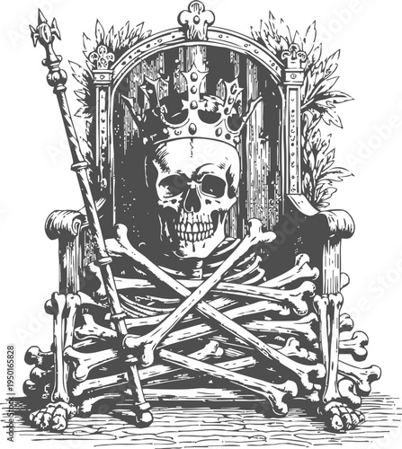 Skeleton king sitting on throne with crown and scepter dark fantasy gothic skull with crossed bones