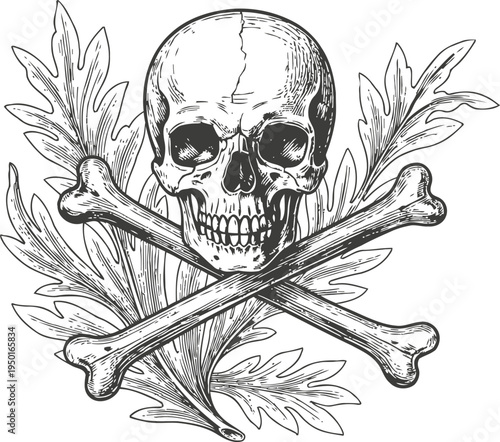Skull and crossed bones with oak leaves vintage pirate symbol, death and danger emblem