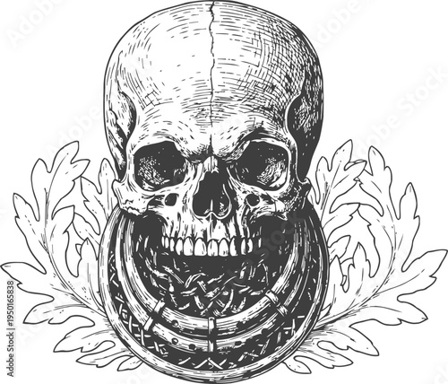 Detailed human skull with barbed wire ring and oak leaves, vintage gothic tattoo design
