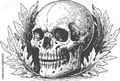 Detailed vintage human skull illustration surrounded by oak leaves in engraving drawing