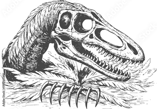 Dinosaur skull with sharp teeth and claws prehistoric reptile head with detailed bones and feathers illustration