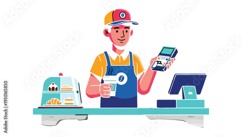 Coffee Shop Cashier: A barista, apron-clad, stands ready to assist at a modern coffee shop counter, offering a cup of coffee and payment service.