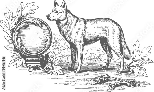 Wolf standing near a magic crystal ball with oak leaves and bones, vintage mystical illustration