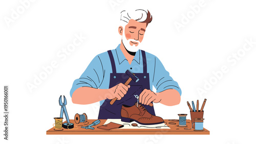 Artisan's Craft: A skilled shoemaker meticulously repairs a leather shoe, surrounded by his tools, showcasing the art of traditional craftsmanship.