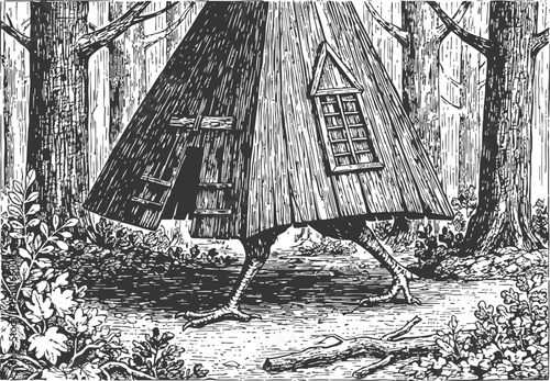 baba yaga's walking hut in enchanted forest, folklore mythical creature, vintage engraving art