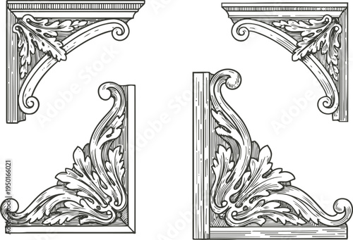 Ornate victorian decorative corner designs with intricate floral and leaf patterns in vintage
