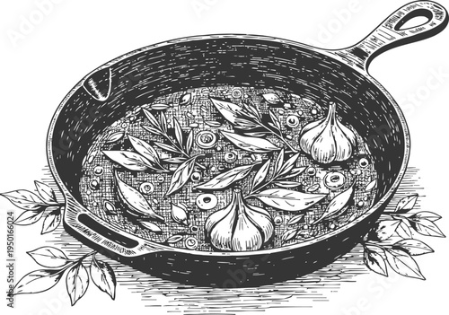 Cast iron skillet with garlic cloves and fresh herbs, vintage cooking illustration