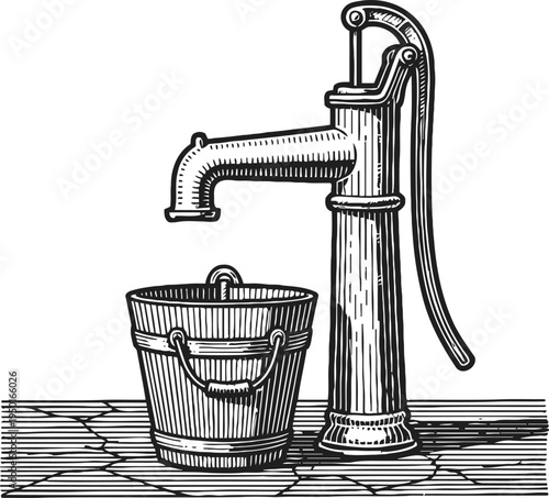 Vintage manual water pump with bucket standing on cracked wooden surface retro hand drawn illustration of classic outdoor tool for drawing water