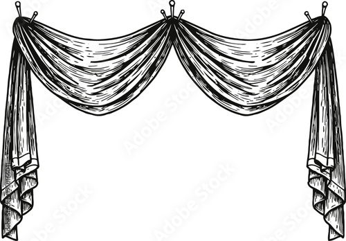 Classic vintage curtain draped swag design with ornamental tie backs in black and white engraving