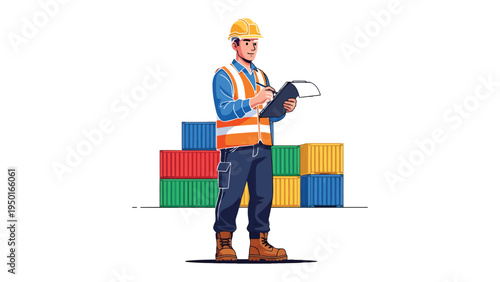 Inspector Amidst Shipping Containers: A focused inspector in a safety vest meticulously documents details, surrounded by colorful shipping containers, symbolizing global trade and logistics.